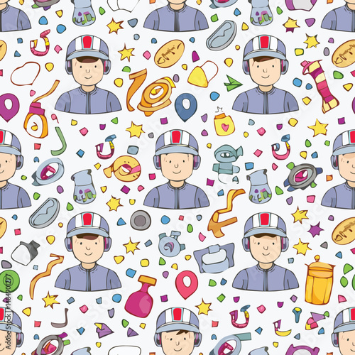 Racing driver Vector Illustration with Seamless Pattern Design