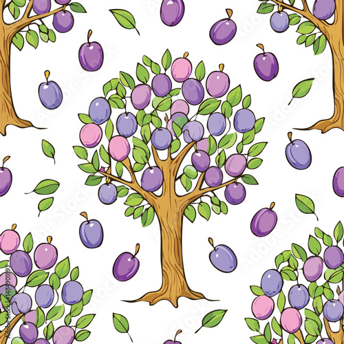 Plum Tree Vector Illustration with Seamless Pattern Design