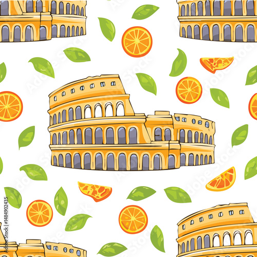 Colosseum, Rome, Italy Vector Illustration with Seamless Pattern Design
