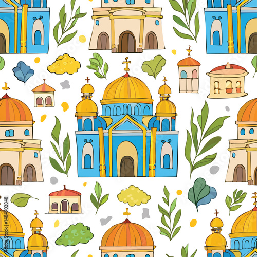 Santorini, Cyclades, Greece Vector Illustration with Seamless Pattern Design