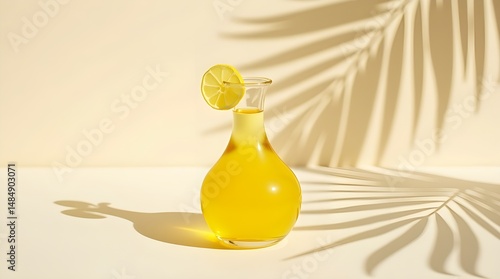 Glass Citrous Juice Bottle with Palm Leaf Shadow and Lemon Slice