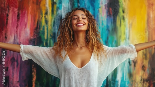 Joyful young hispanic female embracing life in front of colorful artistic background