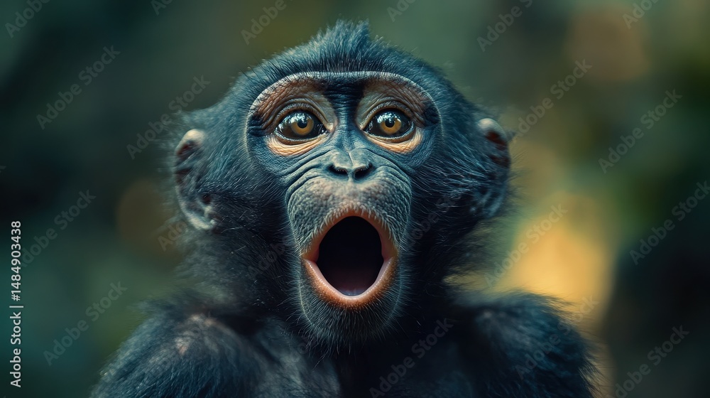 Surprised young monkey with open mouth in forest environment Surprised young monkey with open mouth in forest environment