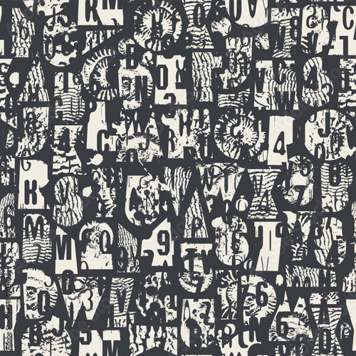 Abstract vector seamless background pattern with simple, thick font consisting of geometric shapes with grunge texture, shells, trilobites and ammonites on paleontology theme. No AI used.