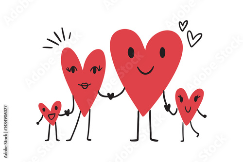 Family heart characters are holding hands. Happy cartoon hearts family two children hand drawn doodle are standing in a row. 