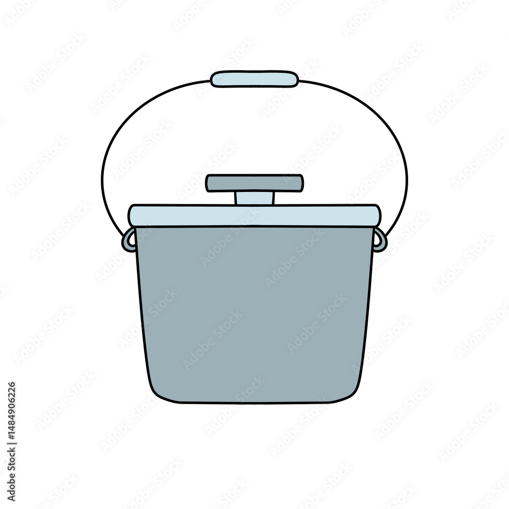 A silver bucket with a handle is shown in a white background