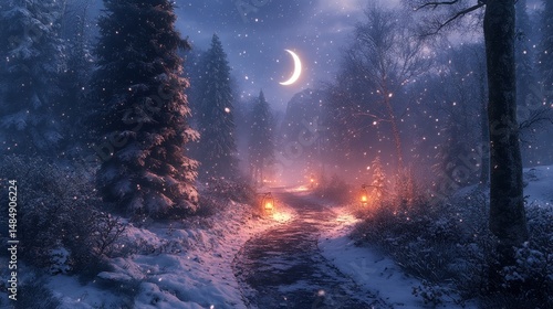 Lantern-lit forest path glowing under the light of a crescent moon in a serene snowy landscape, Generative AI