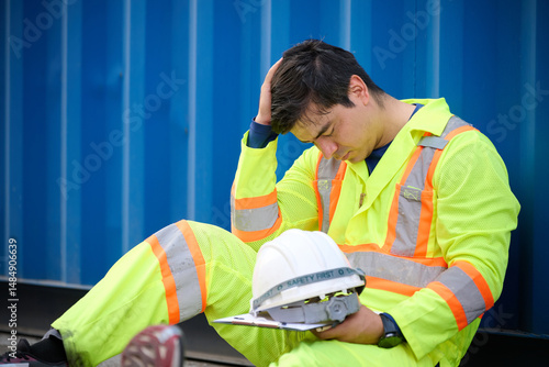 Technician or worker have a headache and feeling tired from work at containers warehouse storage