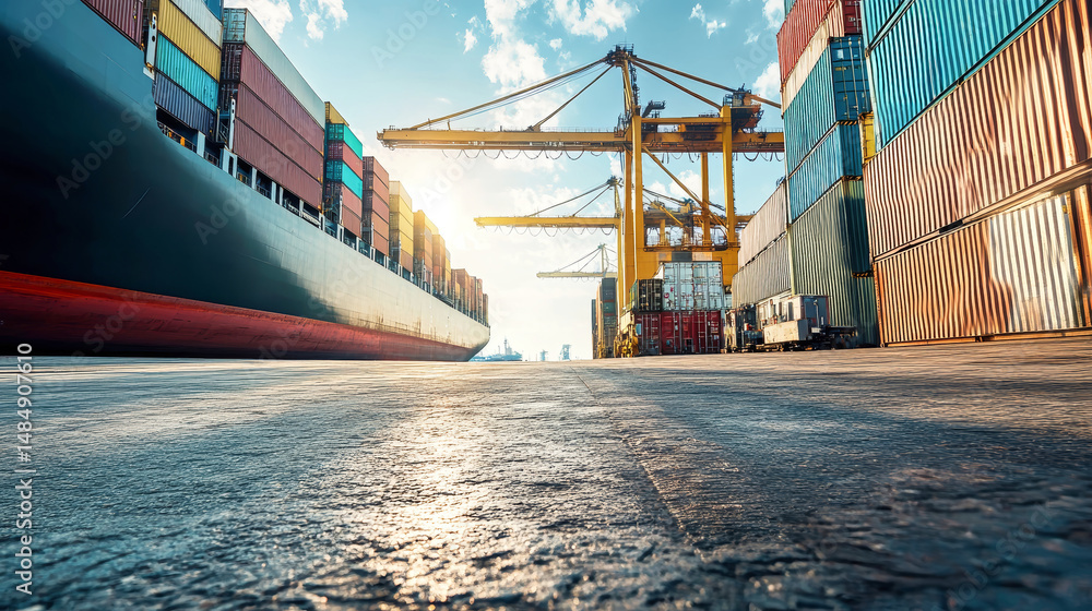 Naklejka premium Cargo ship and crane at bustling container port in China under bright blue sky