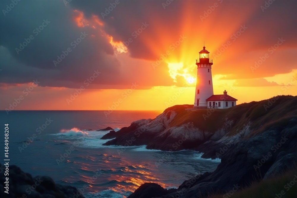 Golden sunrise light beams through a lighthouse beacon, casting a dramatic glow , nature, lighthouse, peaceful Golden sunrise light beams through a lighthouse beacon, casting a dramatic glow , nature, lighthouse, peaceful