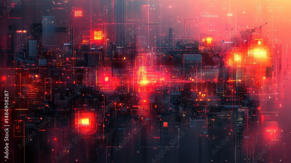 Obraz premium Futuristic city glowing red at night, digital art