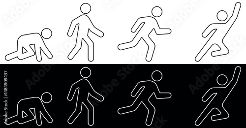 Crawl, Walk, Run and Fly symbols. White and black outline Vector illustration icon set isolated on black and white background.