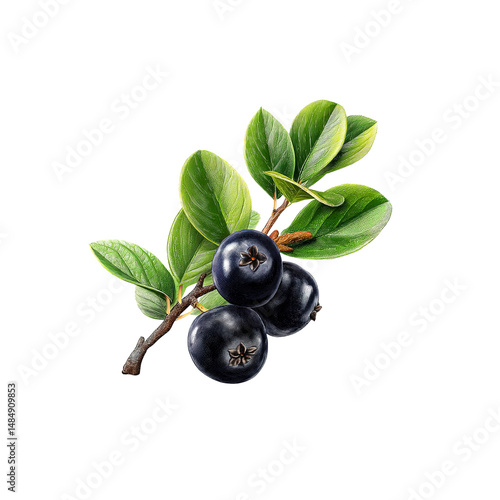 Hand-Drawn Illustration of Black Crowberries on a Branch with Lush Green Leaves