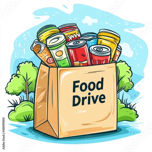 Colorful Food Drive Illustration Brown Paper Bag Filled with Canned Goods and Packaged Food