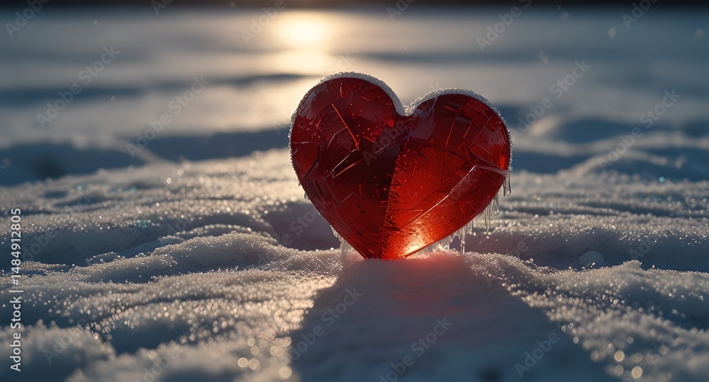 Fototapeta premium A broken red heart, glowing softly, is embedded in the snow, illustrating the contrast between love and winter's coldness. 