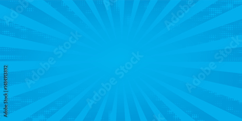 Comic background. Pop art texture. Starburst cartoon style. Anime design with explosion effect for print. Fun dot pattern. Blue backdrop with halftone gradient.