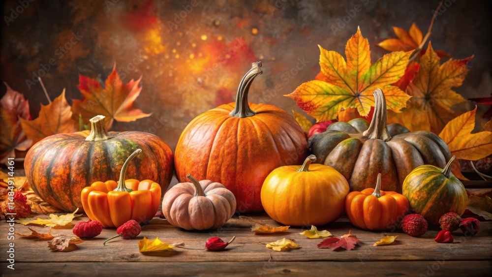 Autumnal Harvest A Rustic Still Life Featuring Pumpkins and Colorful Fall Foliage on a Wooden Surface Autumnal Harvest A Rustic Still Life Featuring Pumpkins and Colorful Fall Foliage on a Wooden Surface