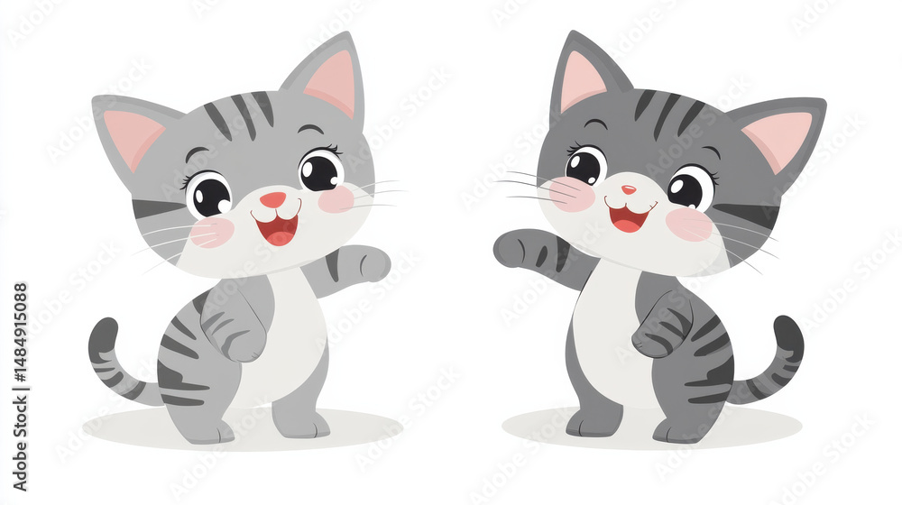 Two playful cartoon kittens with gray stripes, smiling and waving, set against a clean white background. Two playful cartoon kittens with gray stripes, smiling and waving, set against a clean white background.