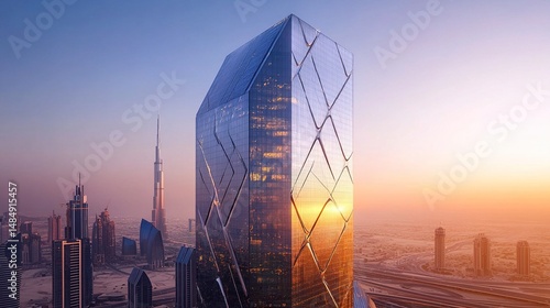 Futuristic glass skyscraper with geometric facade reflecting golden hour sunlight, modern architecture with smooth design and tilt-shift effect, contemporary building under warm sunset in cityscape.