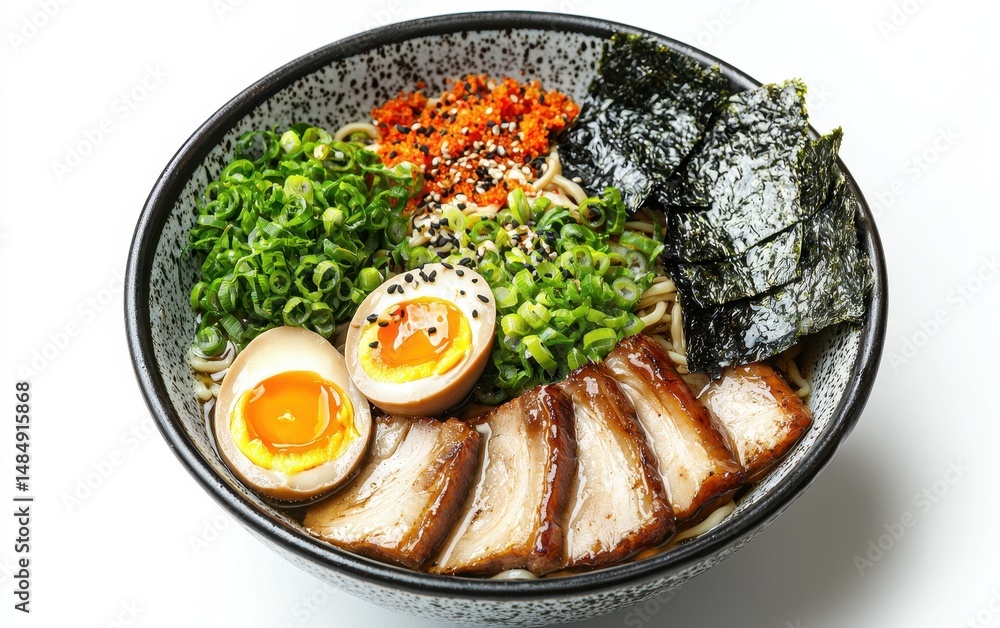 Of a bowl of ramen with eggs, seaweed, and pork belly isolated on white Of a bowl of ramen with eggs, seaweed, and pork belly isolated on white