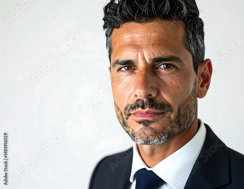 Portrait of a handsome middle aged man with dark hair and beard wearing a suit and tie close up