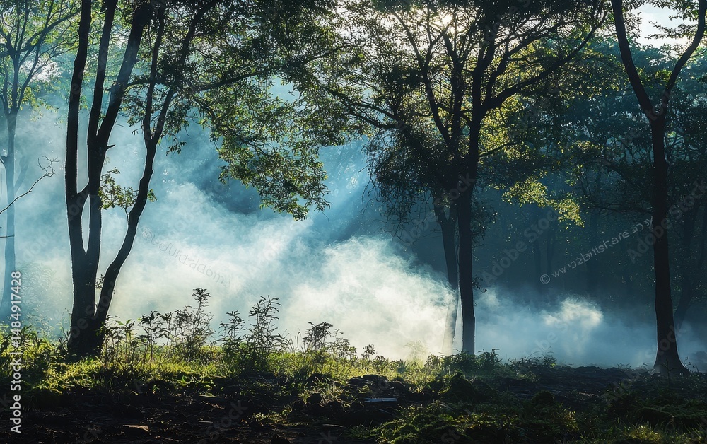 Obraz premium Of a misty forest in the early morning with fog covering the ground