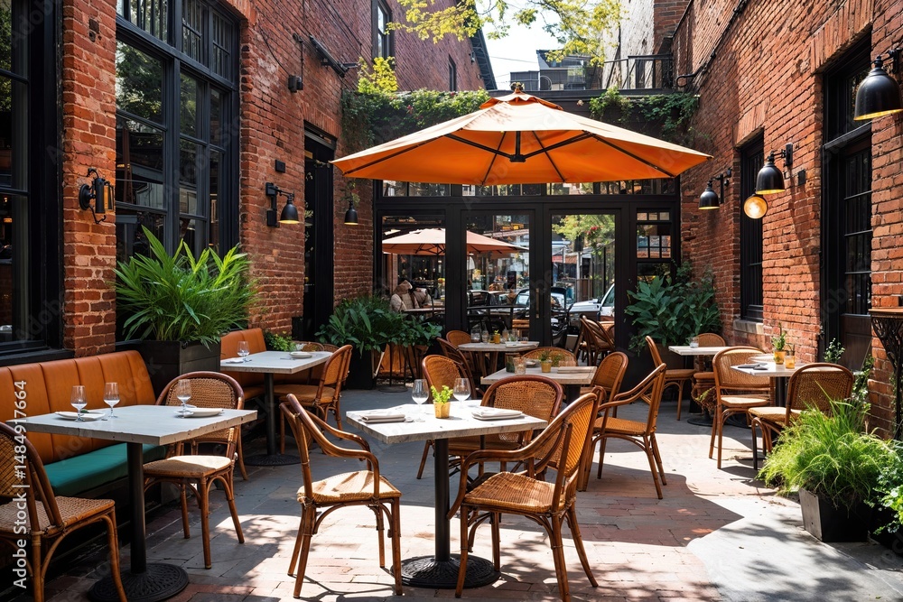 Obraz premium Vibrant Brick Bistro with Sunlit Patio and Lively Atmosphere Featuring Tables and Chairs