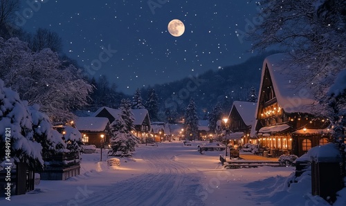 Lantern-lit footpath winding through a serene snowy village square glowing warmly under moonlight, Generative AI