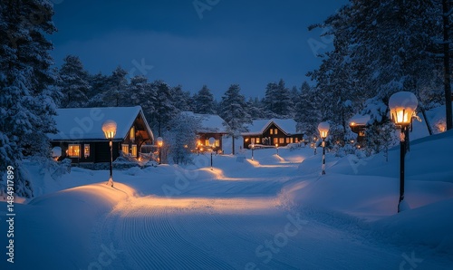 Lantern-lit footpath winding through a serene snowy village square glowing warmly under moonlight, Generative AI