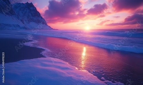 Frozen beach illuminated by the colors of twilight as icy waves reflect the last light of day, Generative AI