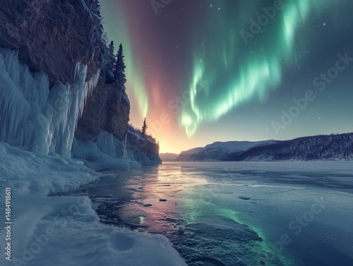 Aurora shimmering above a frosted canyon reflecting its hues in the frozen waters below, Generative AI