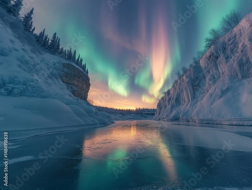 Aurora shimmering above a frosted canyon reflecting its hues in the frozen waters below, Generative AI