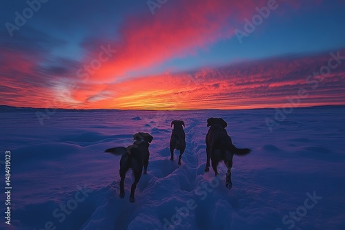Dogs bounding across a snowy plain framed by a sky filled with vibrant aurora colors, Generative AI