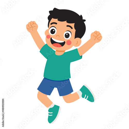 Boy captured in a moment of joy, jumping with pure happiness. Suitable for websites, social media posts, and children's marketing materials