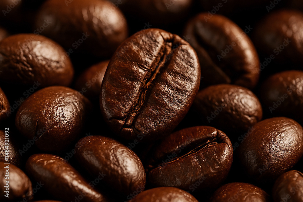 Detailed close-up image of roasted coffee beans, highlighting their rich texture, natural oils, and deep brown tones. This macro shot captures the essence of premium coffee ingredients Detailed close-up image of roasted coffee beans, highlighting their rich texture, natural oils, and deep brown tones. This macro shot captures the essence of premium coffee ingredients