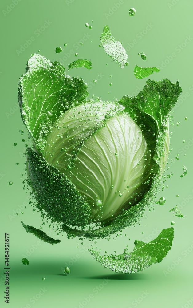 Obraz premium Flying cabbage with splashes, isolated on a soft green background