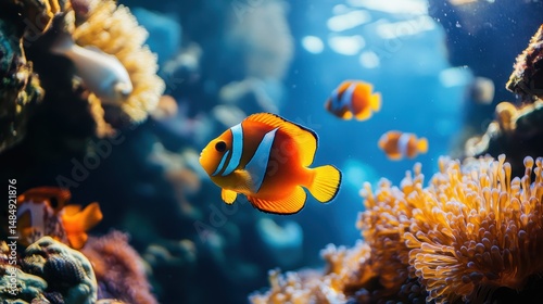 Vibrant clownfish swimming among colorful coral in a sunlit aquarium