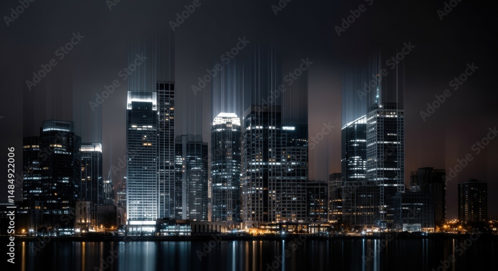 Obraz premium Nighttime city skyline with blurred lights creating a dynamic effect