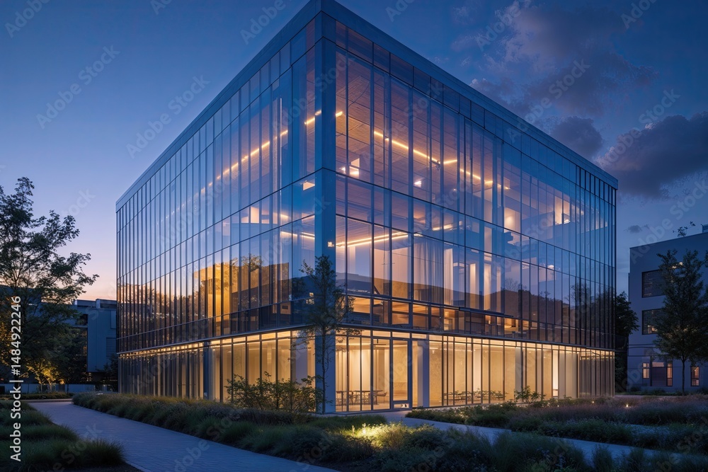 Obraz premium Stunning Glass Facade Building Glowing at Dusk