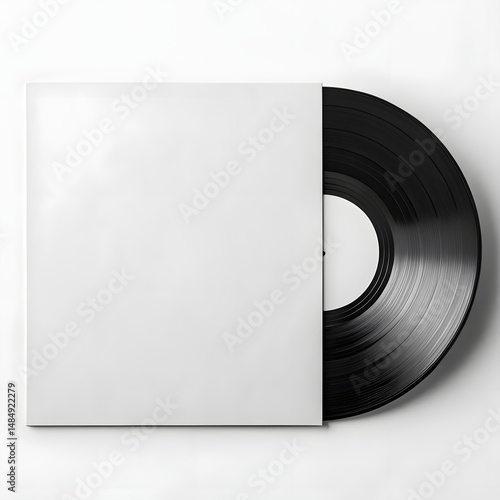Blank vinyl record sleeve mockup with black retro LP partially out of cover, isolated on white background, template for music branding and album design