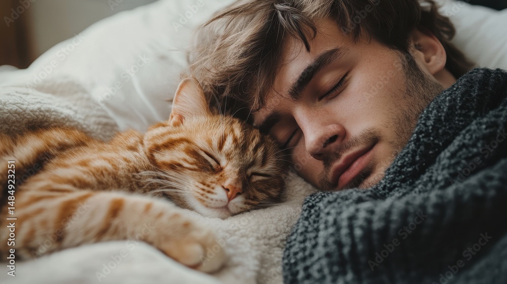 Young caucasian male sleeping peacefully with ginger cat on cozy blanket Young caucasian male sleeping peacefully with ginger cat on cozy blanket