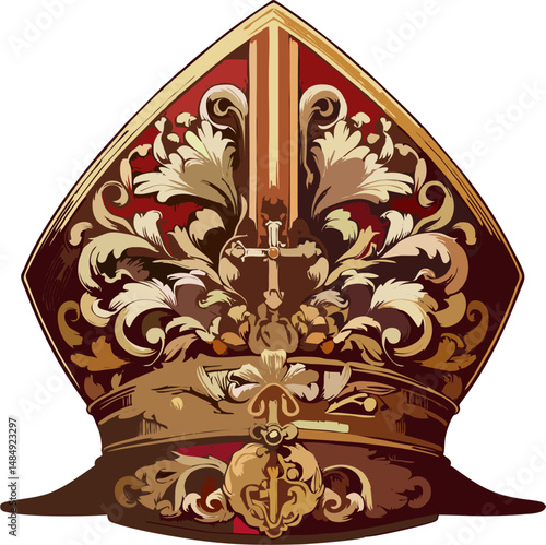 Ornate Baroque Bishop Mitre with Golden Cross and Floral Scrollwork – Vector Illustration of Catholic Ecclesiastical Headdress