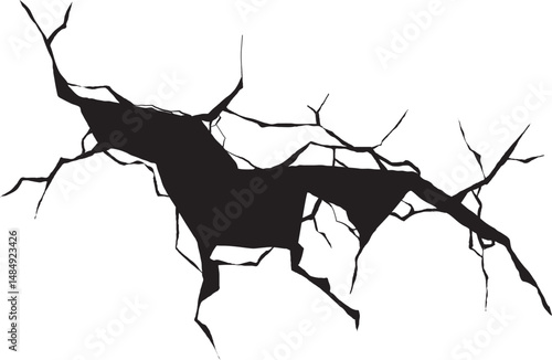 Cracked wall. Damage surface crack and fissure in ground, concrete, crevices from disaster silhouette breaks on land surface from earthquake isolated on white background. Broken ground