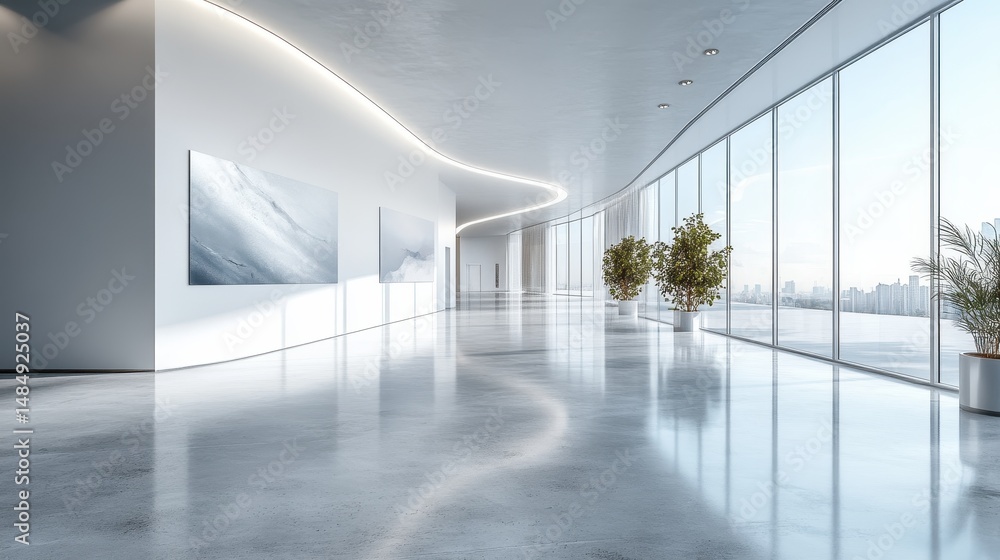Modern spacious office hallway with large windows and artwork Modern spacious office hallway with large windows and artwork
