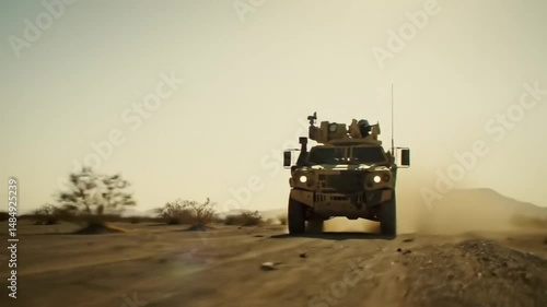 Fast military armored vehicles in desert like open are kicking up dust –high-speed battlefield motion and combat scenario

