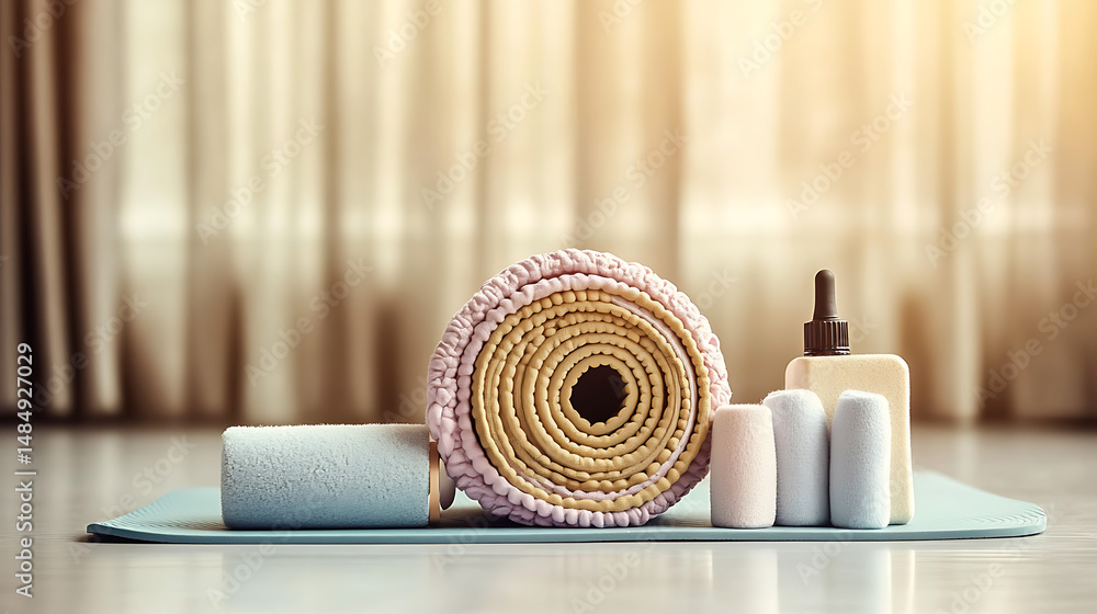 Naklejka premium Rolled yoga mat with foam rollers and dropper bottle on a light blue surface in front of blurred curtains