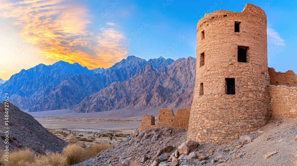 Ancient Stone Tower Against Mountain Backdrop at Sunset in Desert Ancient Stone Tower Against Mountain Backdrop at Sunset in Desert