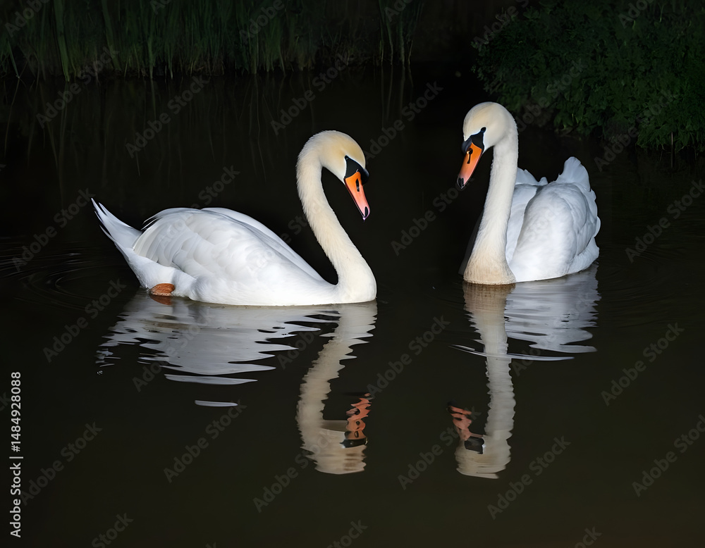 Obraz premium A picture of two gorgeous swans in the pond, at night. swans in the river.