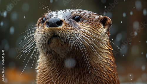 Macro Close-Up of Otter’s Whiskers and Wet Nose with Smooth Fur by Riverbank