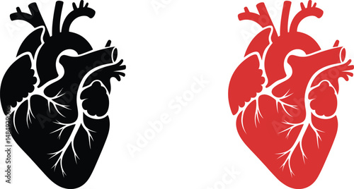 Two stylized hearts in black and red isolated on a white background